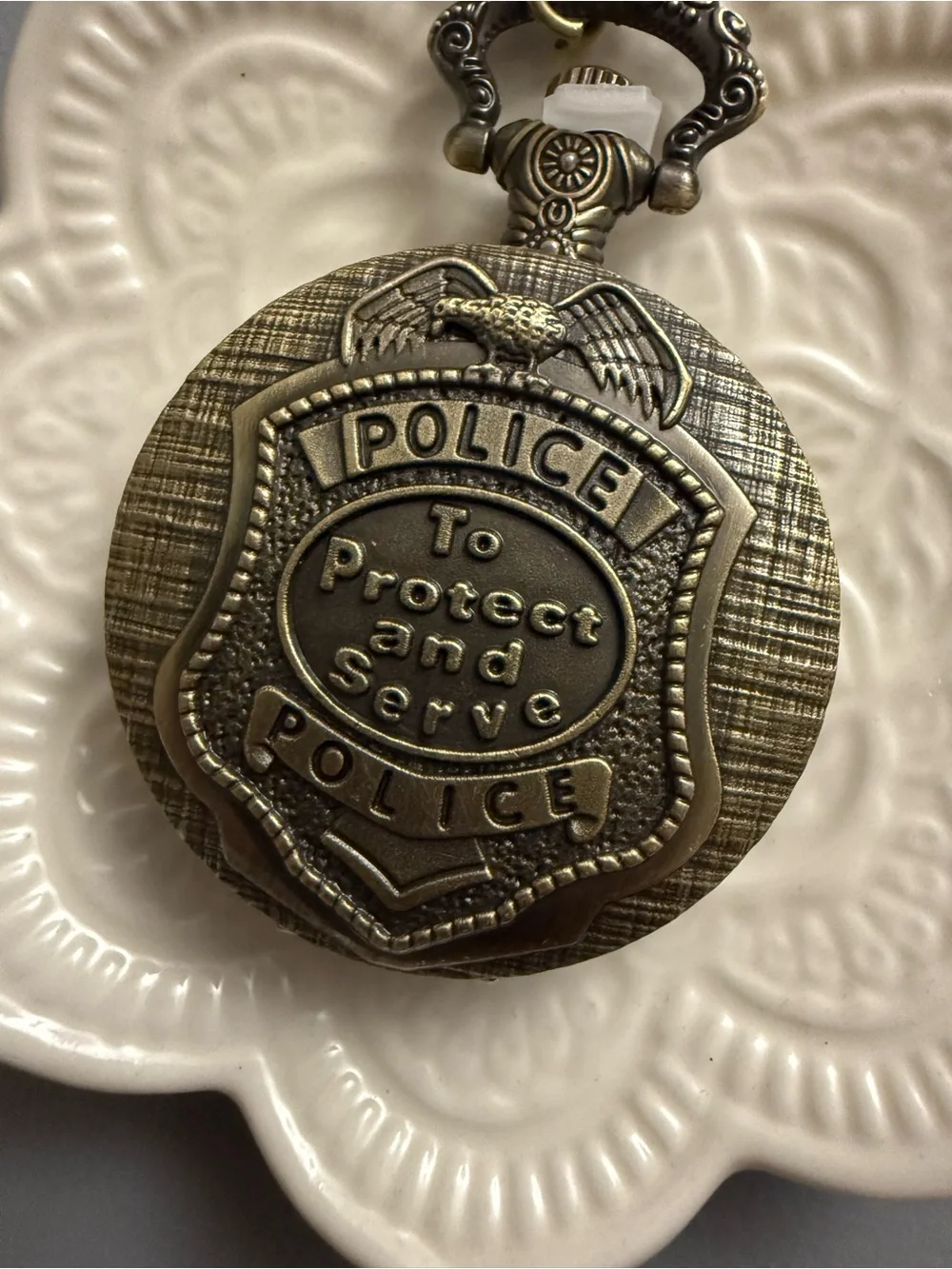 New bronze-toned quartz pocket watch engraved eagle POLICE To Protect and Serve